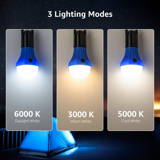 Lepro 4-Pack LED Camping Lanterns, Camping Accessories, 3 Lighting Modes, Batteries Included Hanging Tent Light Bulbs with Clip Hook for Camping, Hiking, Hurricane, Outages, Collapsible