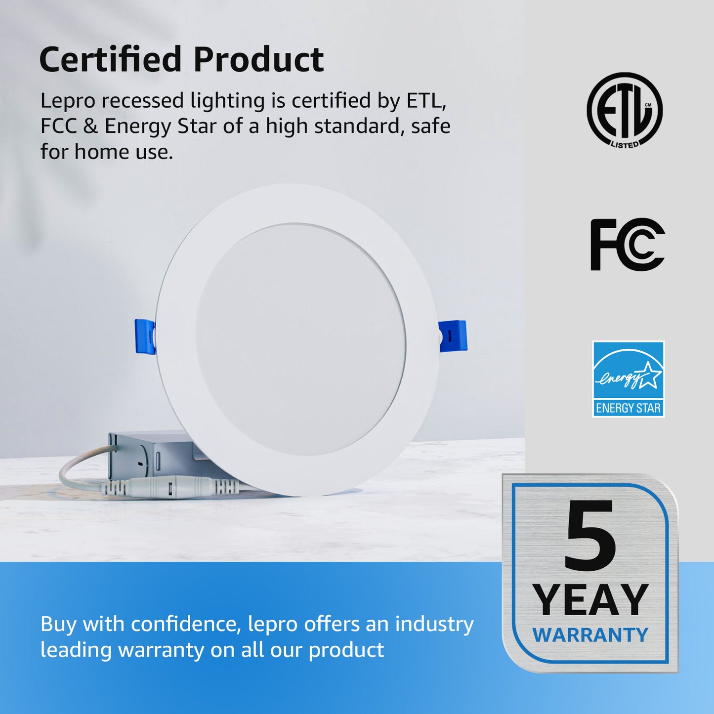 Lepro Canless LED Recessed Light,Dimmable Retrofit Ultra-Thin Ceiling Light with Junction Box,5000K Daylight Wafer Lights 12W 1050LM,50,000hrs Lifespan-ETL,FCC & Energy Star Certified