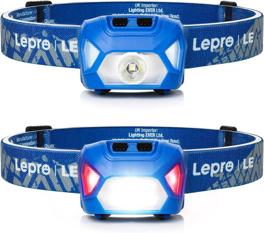 Lepro 2-Pack Battery-Powered Head lamp, 1300 Lux Super Bright with Adjustable Headband, 6 Modes including Red Light, IPX4 Waterproof Suitable for Camping and Outdoor Activities