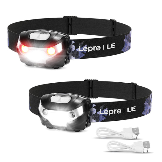 Lepro Rechargeable LED Headlamp, Super Bright Headlight with 5 Modes and Red Light, IPX4 Waterproof, USB Cable Included, for Camping and Hiking