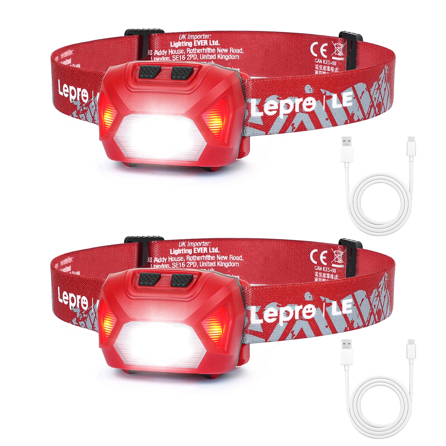 Lepro Rechargeable LED Headlamps, 2-Pack 2000Lux Bright with 6 Modes, Adjustable Headband, IPX4 Waterproof, USB Cable Included, for Camping and Hiking