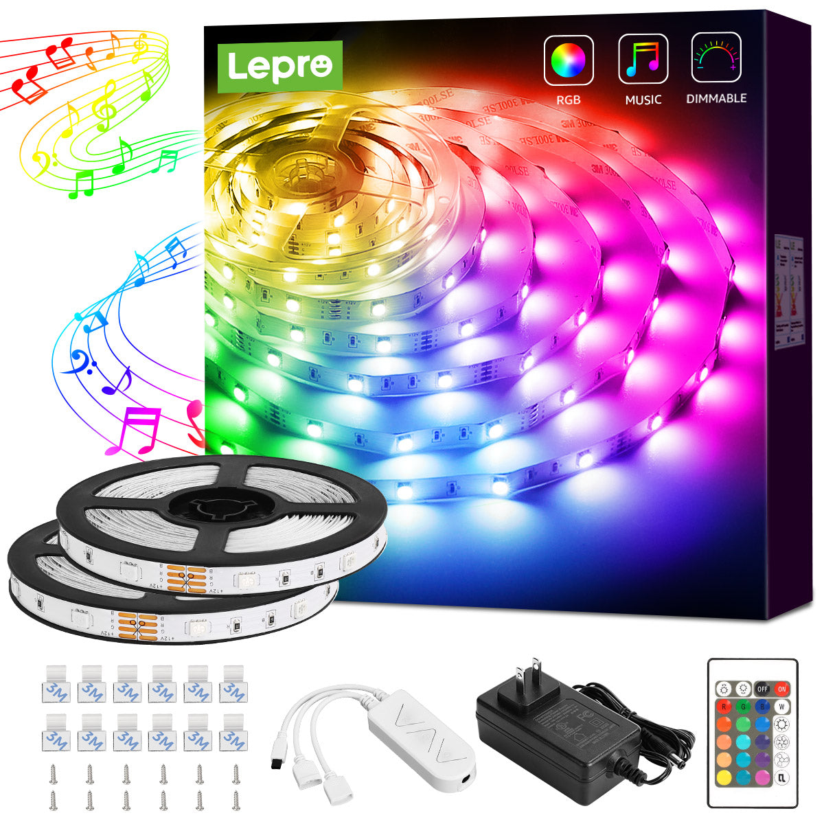 Lepro 49.2ft LED Lights for Bedroom,Sync to Music, 5050 SMD LEDs, RGB Color Changing + 6500K White LED Strips light with Remote, for Christmas Party Decor