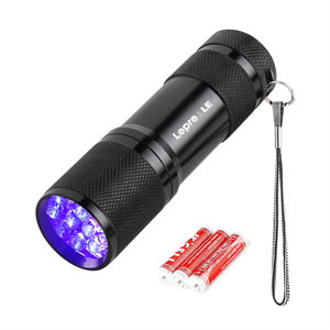 Lepro Small UV Flashlights with AAA Batteries , Portable Black Light Pet Urine Detectors with 9 LEDs 395nm Wavelength Specialize in Detect Pet Dog Cat Urine Stain and more