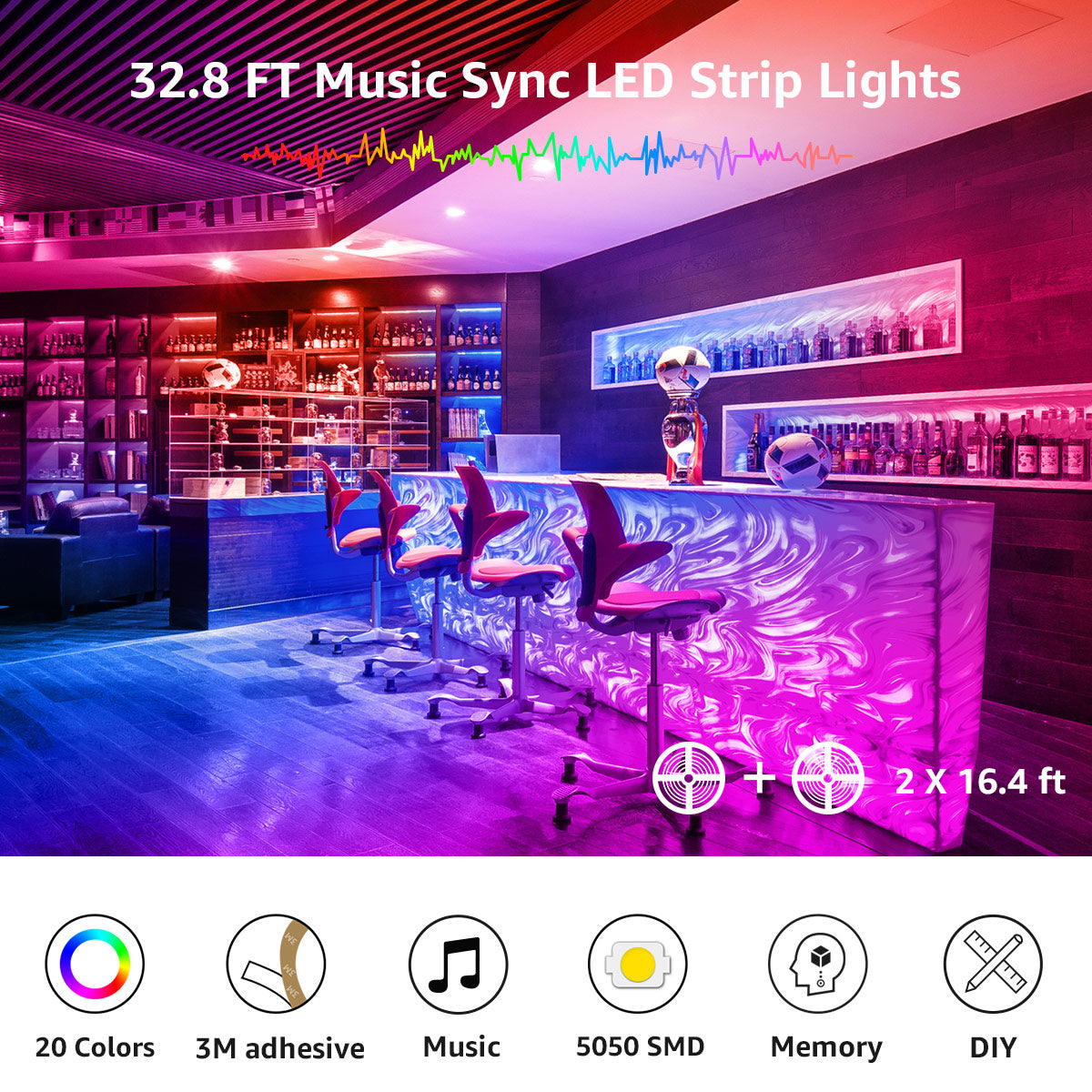 Lepro 49.2ft LED Lights for Bedroom,Sync to Music, 5050 SMD LEDs, RGB Color Changing + 6500K White LED Strips light with Remote, for Christmas Party Decor