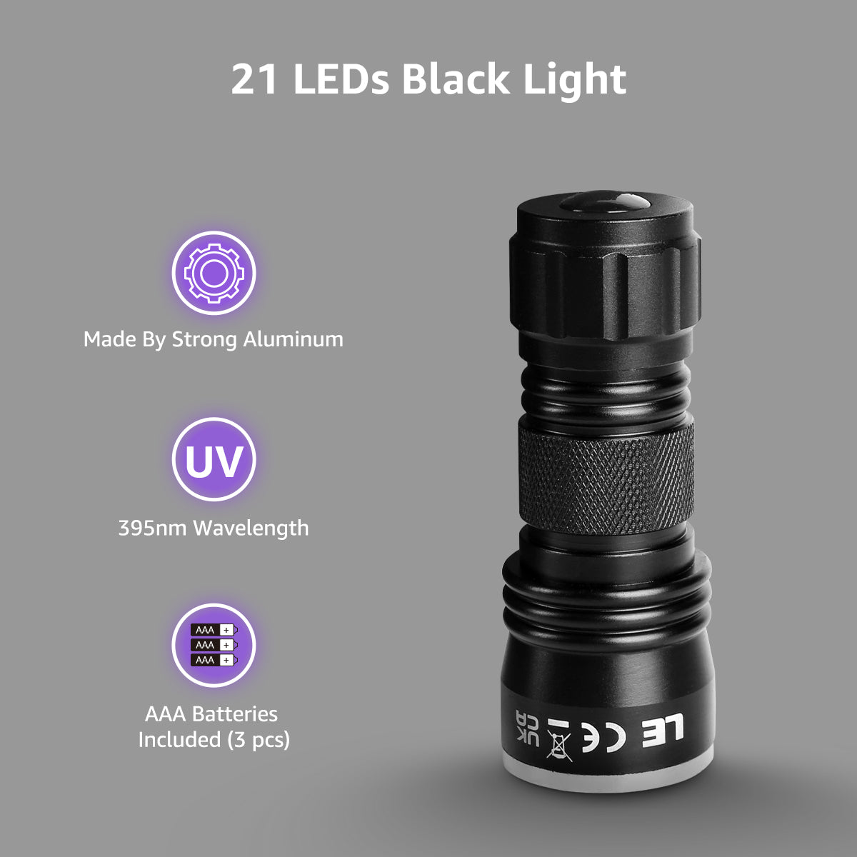 Lepro UV Black Light Flashlight with Batteries , 21 LEDs UV Light Handheld Blacklight 395nm Detector for Pet Urine