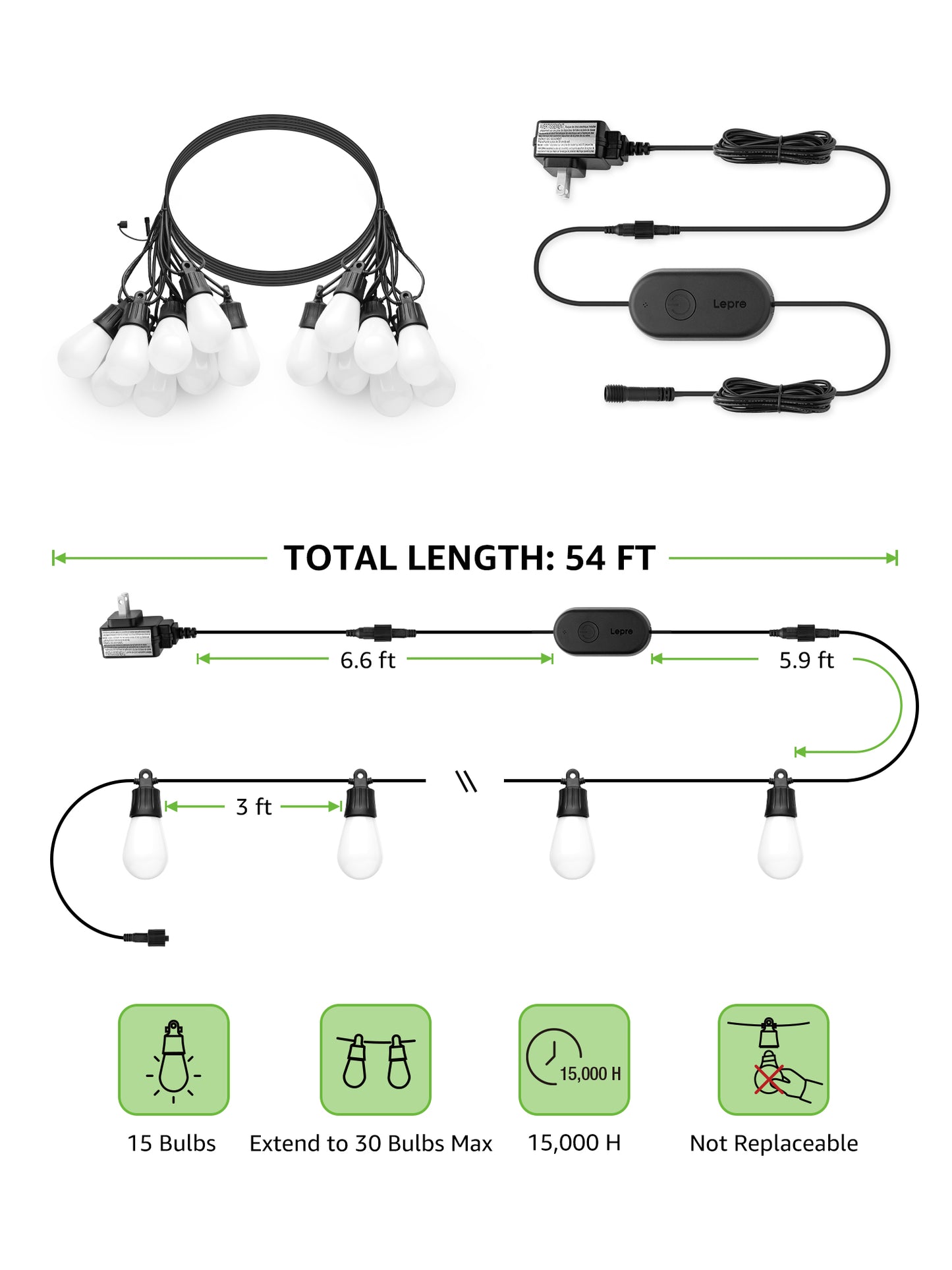 Lepro ZB1 AI Smart Outdoor String Lights ZB1, RGB+IC Warm White 15 LED Bulbs, Alexa Google Enabled, LightBeats Music Sync, AI Generated Lighting LLM, 2.4 GHz WiFi/Bluetooth