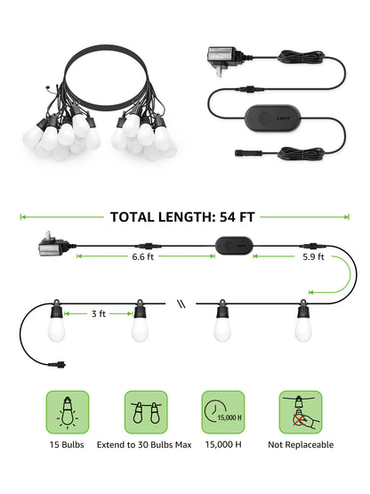 Lepro ZB1 AI Smart Outdoor String Lights ZB1, RGB+IC Warm White 15 LED Bulbs, Alexa Google Enabled, LightBeats Music Sync, AI Generated Lighting LLM, 2.4 GHz WiFi/Bluetooth