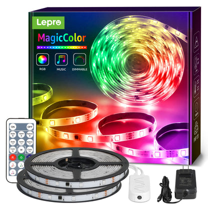 Lepro 32.8ft Music Sync LED Strip Lights for Bedroom, Upgrade 5050 RGB Waterproof Tape Lights with Remote, MagicColor for Living Room, Cabinetry, Christmas Decor (16.4Ft*2)