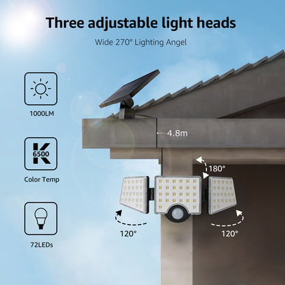 Lepro Solar Lights for Outside, WL5000 Motion Activated Security Lights, Separate Solar Panel, 3 Adjustable Head 270° Wide Lighting Angle, IP65 Waterproof Wall Lamp for Porch Yard Garage