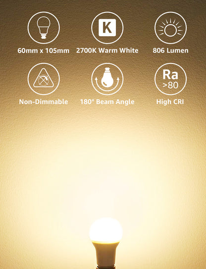 Lepro LED Light Bulbs 60 Watt Eqv Annual Save $6.12 per, 9W 800 Lumens Non-Dimmable, A19 E26 Standard Medium Base, 10000 Hour Lifetime