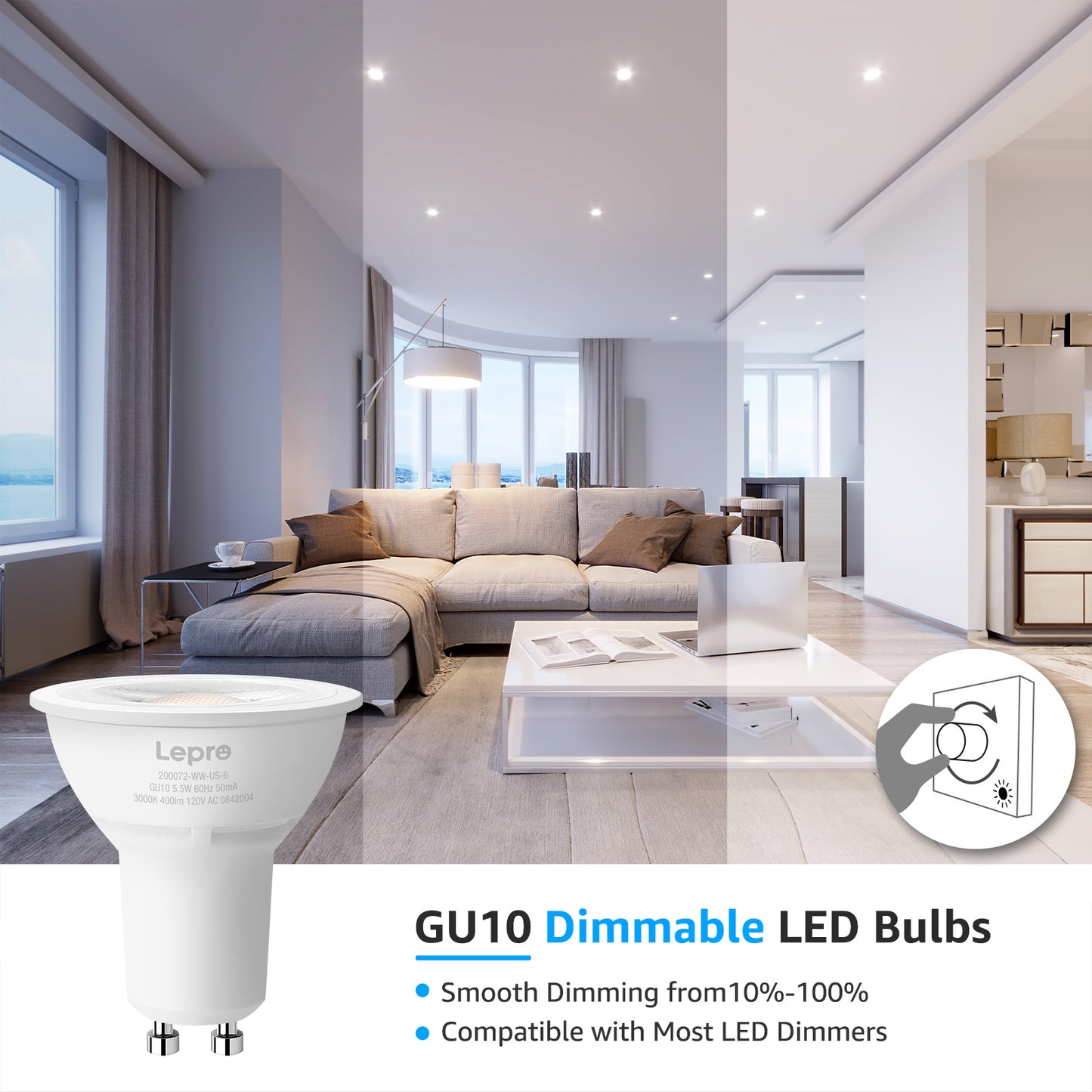 Lepro GU10 LED Bulb Dimmable, 5.5W 50W Equivalent Spot Light Bulb for Recessed Track Lighting, Kitchen Living Room & Bedroom, 6 Pack