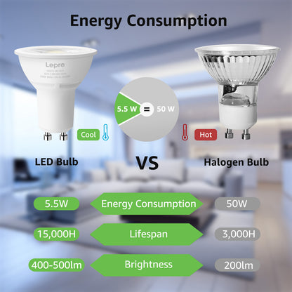 Lepro GU10 LED Bulb Dimmable, 5.5W 50W Equivalent Spot Light Bulb for Recessed Track Lighting, Kitchen Living Room & Bedroom, 6 Pack