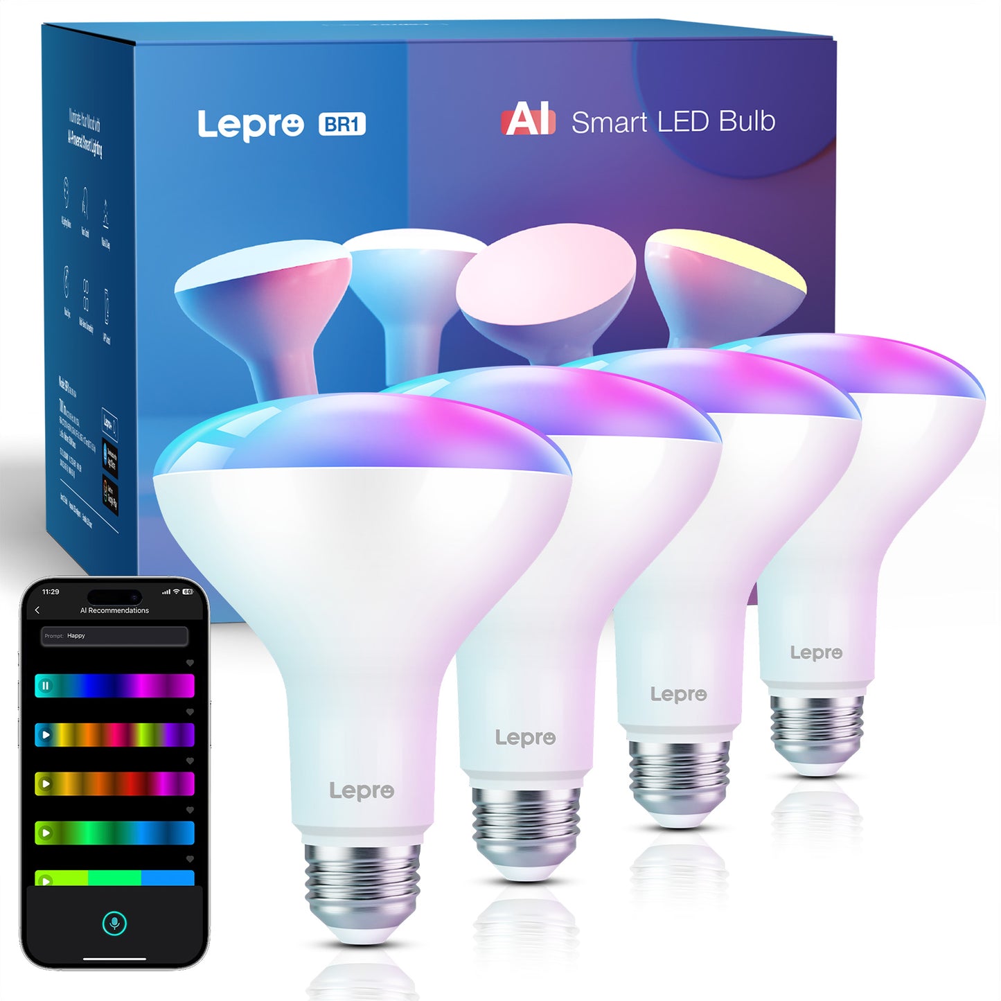 Lepro BR1 Smart Light Bulbs 4pack, AI Generated Lighting, Work with Alexa, Google Assistant, Music Sync, RGBWW Colour Changing Light Bulb, Flood Light Bulbs, WiFi & Bluetooth Via Lepro+ App