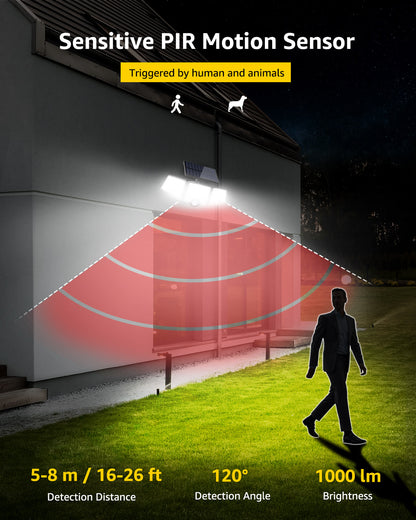 Lepro 2-Packs Solar Flood Lights for Outside, 6500K Outdoor Motion Activated Security Lights , IP65 Waterproof , 3 Adjustable Heads 270° Wide Lighting Angle for Front Door, Backyard, Patio, Garden