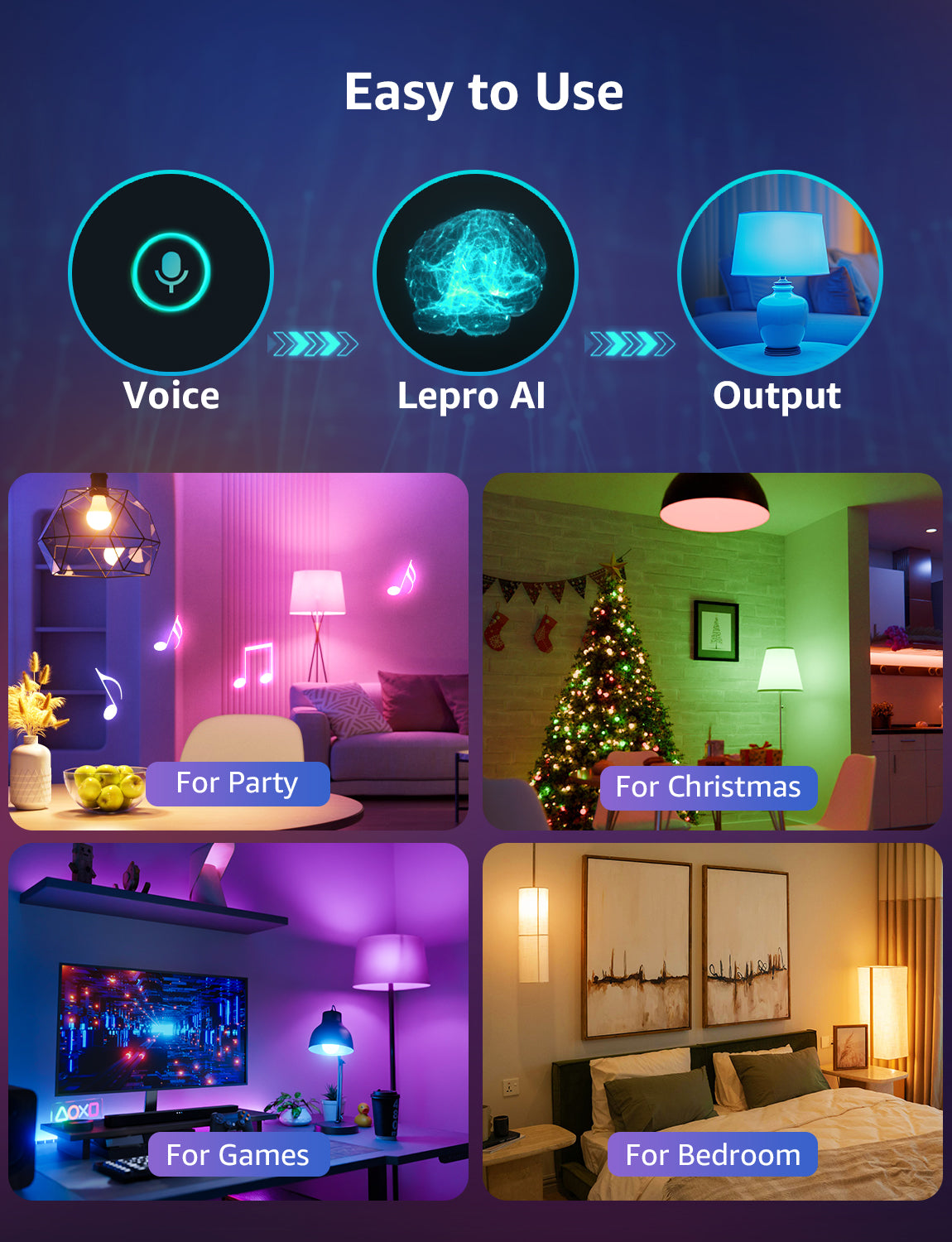 Lepro B2 AI LED Light Bulbs, RGBww Color Changing, 1100 Lumens, Voice Control, Music Sync, Wi-Fi and Bluetooth, Works with Alexa and Google