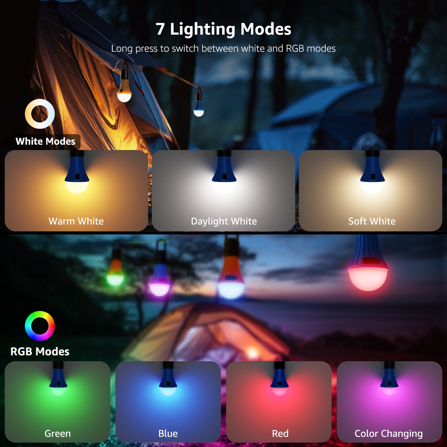 Lepro 2-Pack Rechargeable Camping Lanterns, 7 Light Modes (White & RGB), Hanging Tent Lights Perfect for Camping, Holidays, Decorations, and Emergency Use
