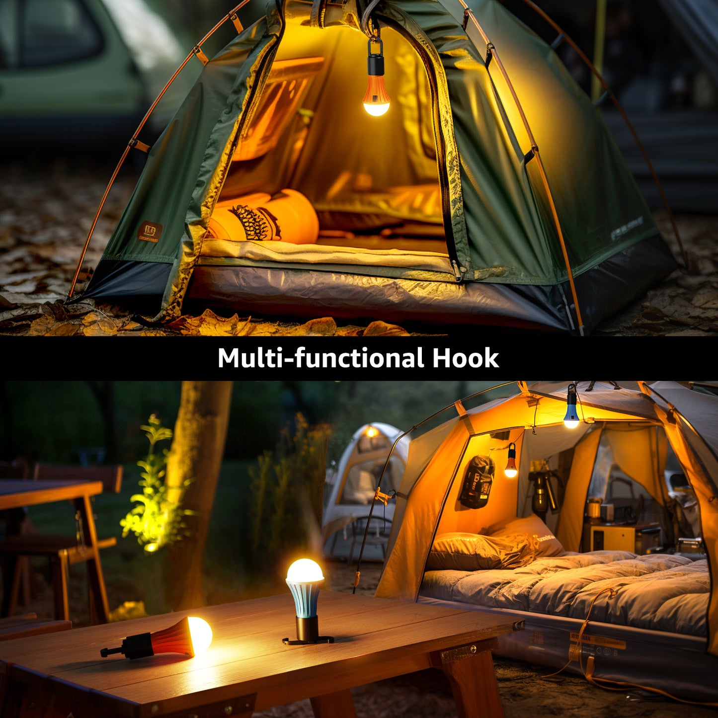 Lepro 2-Pack Rechargeable Camping Lanterns, 7 Light Modes (White & RGB), Hanging Tent Lights Perfect for Camping, Holidays, Decorations, and Emergency Use