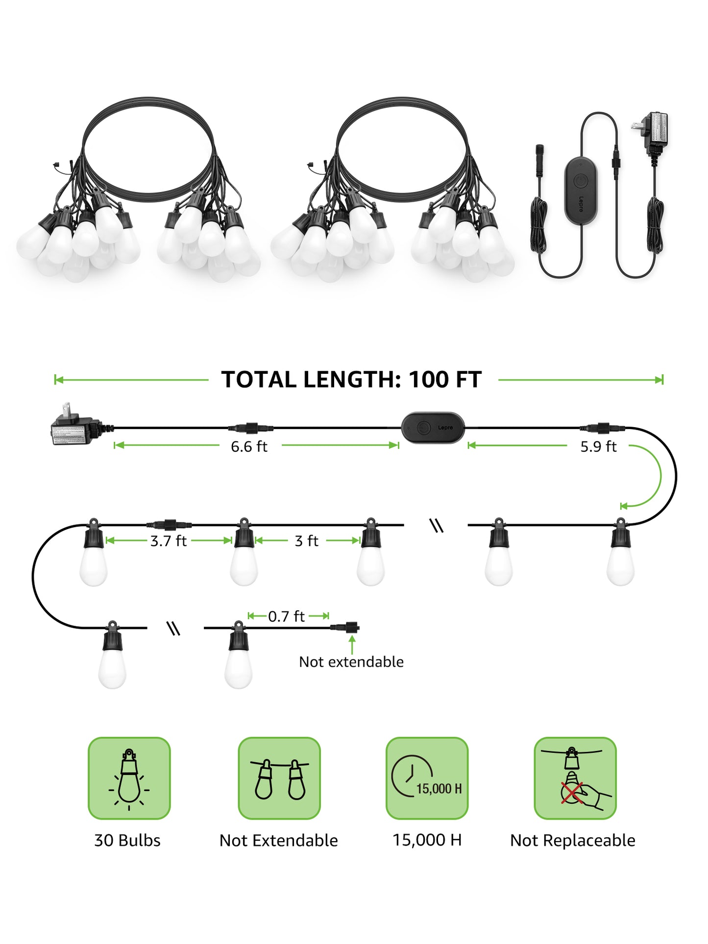 Lepro ZB1 AI Smart Outdoor String Lights ZB1, RGB+IC Warm White 15 LED Bulbs, Alexa Google Enabled, LightBeats Music Sync, AI Generated Lighting LLM, 2.4 GHz WiFi/Bluetooth