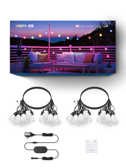 Lepro ZB1 AI Smart Outdoor String Lights ZB1, RGB+IC Warm White 15 LED Bulbs, Alexa Google Enabled, LightBeats Music Sync, AI Generated Lighting LLM, 2.4 GHz WiFi/Bluetooth