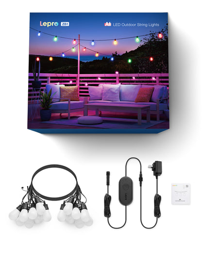 Lepro ZB1 AI Smart Outdoor String Lights ZB1, RGB+IC Warm White 15 LED Bulbs, Alexa Google Enabled, LightBeats Music Sync, AI Generated Lighting LLM, 2.4 GHz WiFi/Bluetooth