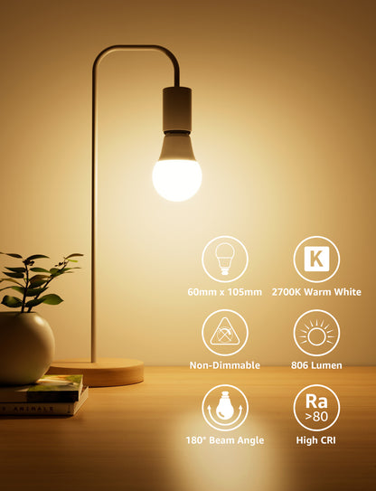 Lepro LED Light Bulbs 60 Watt Eqv Annual Save $6.12 per, 9W 800 Lumens Non-Dimmable, A19 E26 Standard Medium Base, 10000 Hour Lifetime