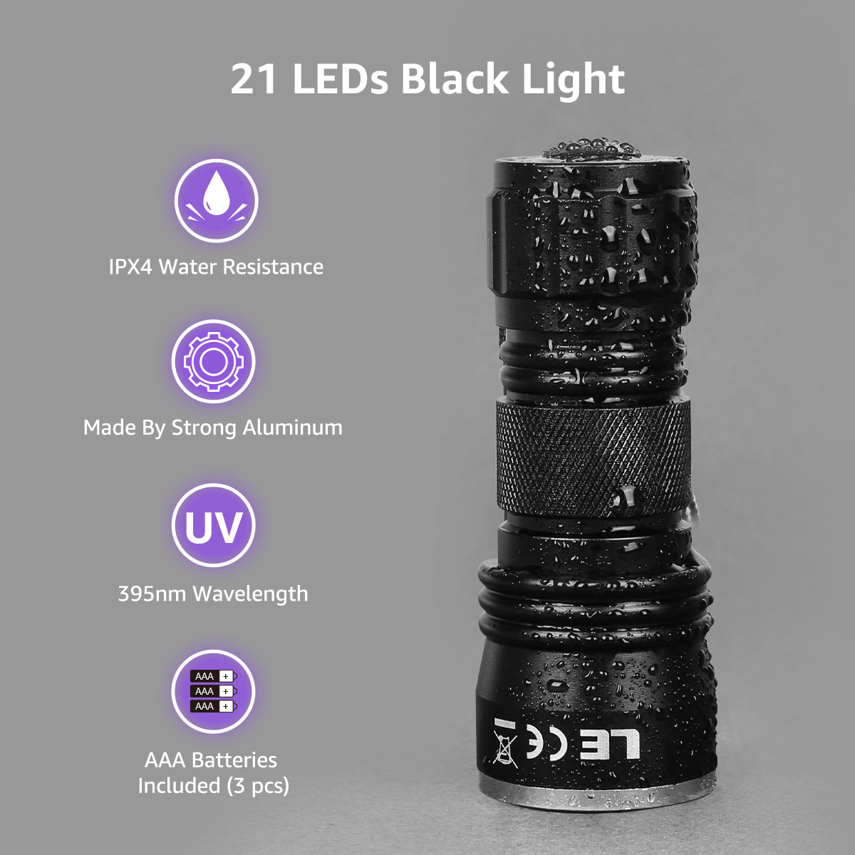 Lepro UV Black Light Flashlight with Batteries , 21 LEDs UV Light Handheld Blacklight 395nm Detector for Pet Urine