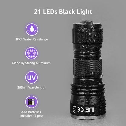 Lepro UV Black Light Flashlight with Batteries , 21 LEDs UV Light Handheld Blacklight 395nm Detector for Pet Urine