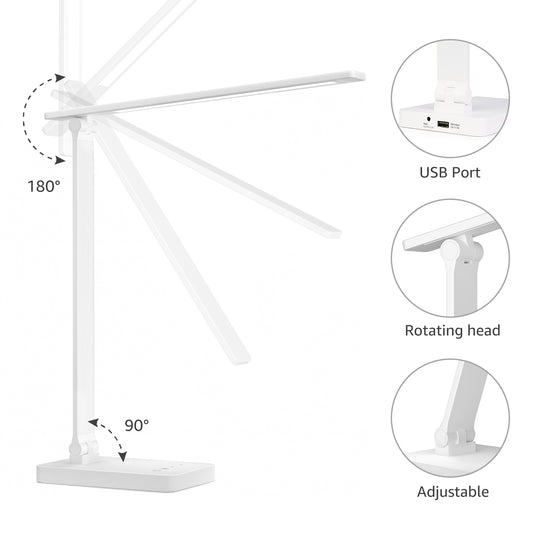 Lepro LED Dimmable Reading Desk Lamp with USB Charging Port, 15W 96 LEDs 550 Lumens Soft Light Eye-Care, Suitable for Home Work, Study, College Dorm