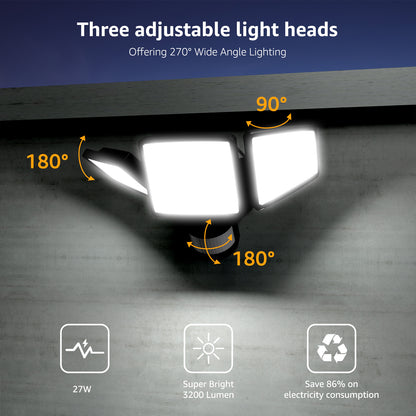 Lepro LED Motion Sensor Flood Lights for Outside Enhanced Home Security, 3 Adjustable Heads 270° Wide Lighting Angle, 27W 3200LM Super Bright for Yard Porch Garage