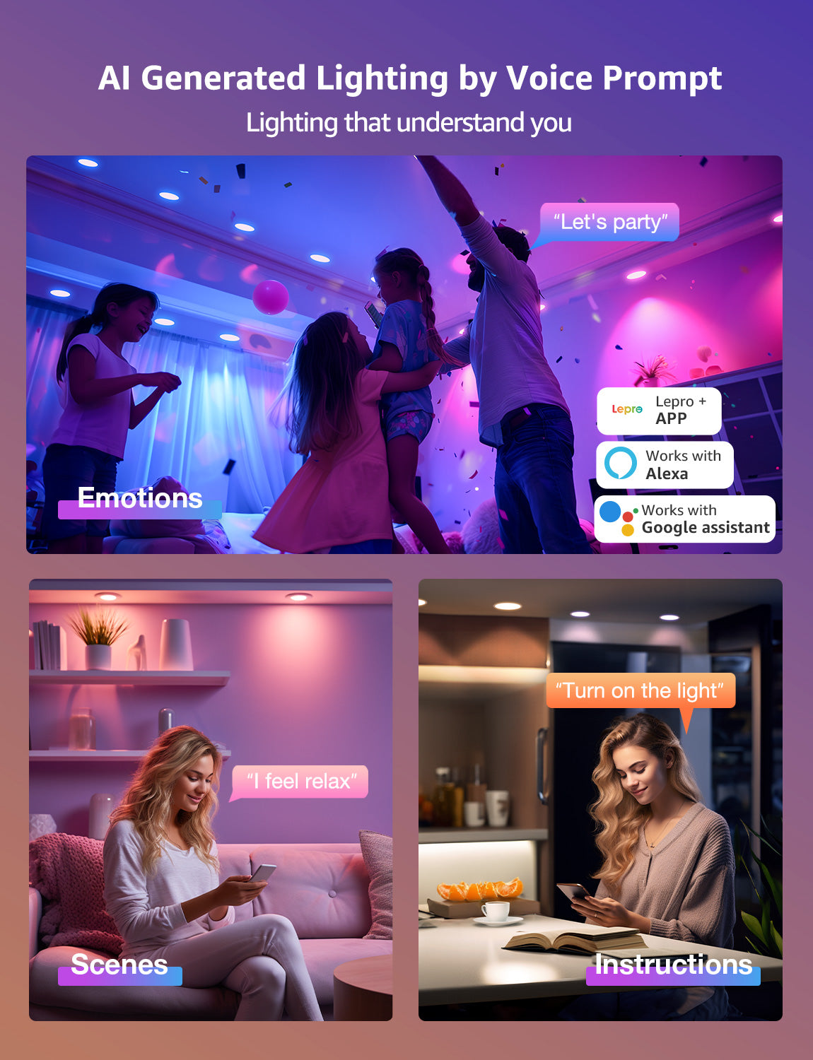 Lepro R2 6 inch LED Recessed Light - AI Lighting with Mood Recog. 12W 1050 Lumen Dimmable Wafer Lights RGBCW Sync with Music, Smart Canless Downlights Work Alexa & Google Assistant