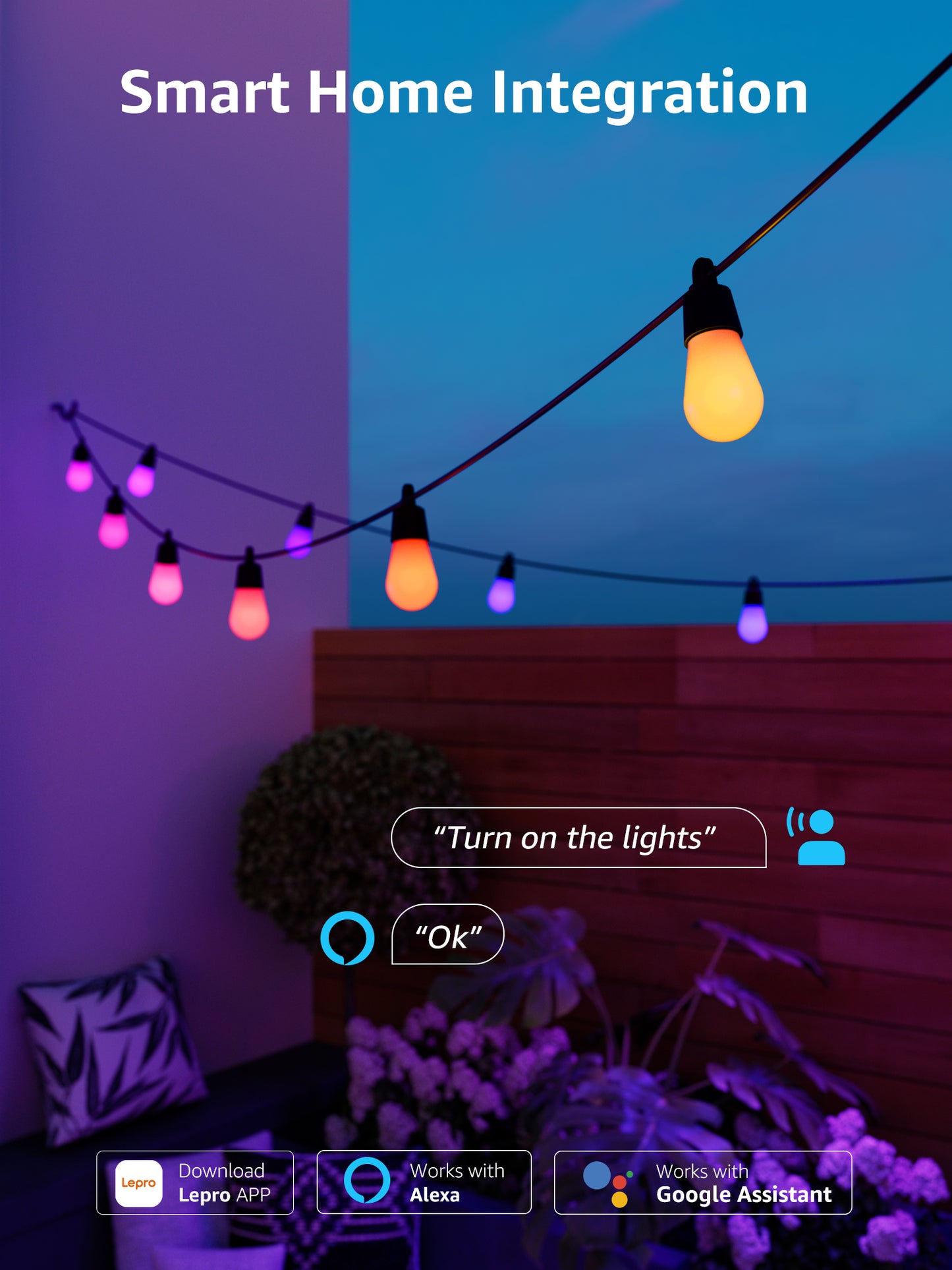 Lepro ZB1 AI Smart Outdoor String Lights ZB1, RGB+IC Warm White 15 LED Bulbs, Alexa Google Enabled, LightBeats Music Sync, AI Generated Lighting LLM, 2.4 GHz WiFi/Bluetooth