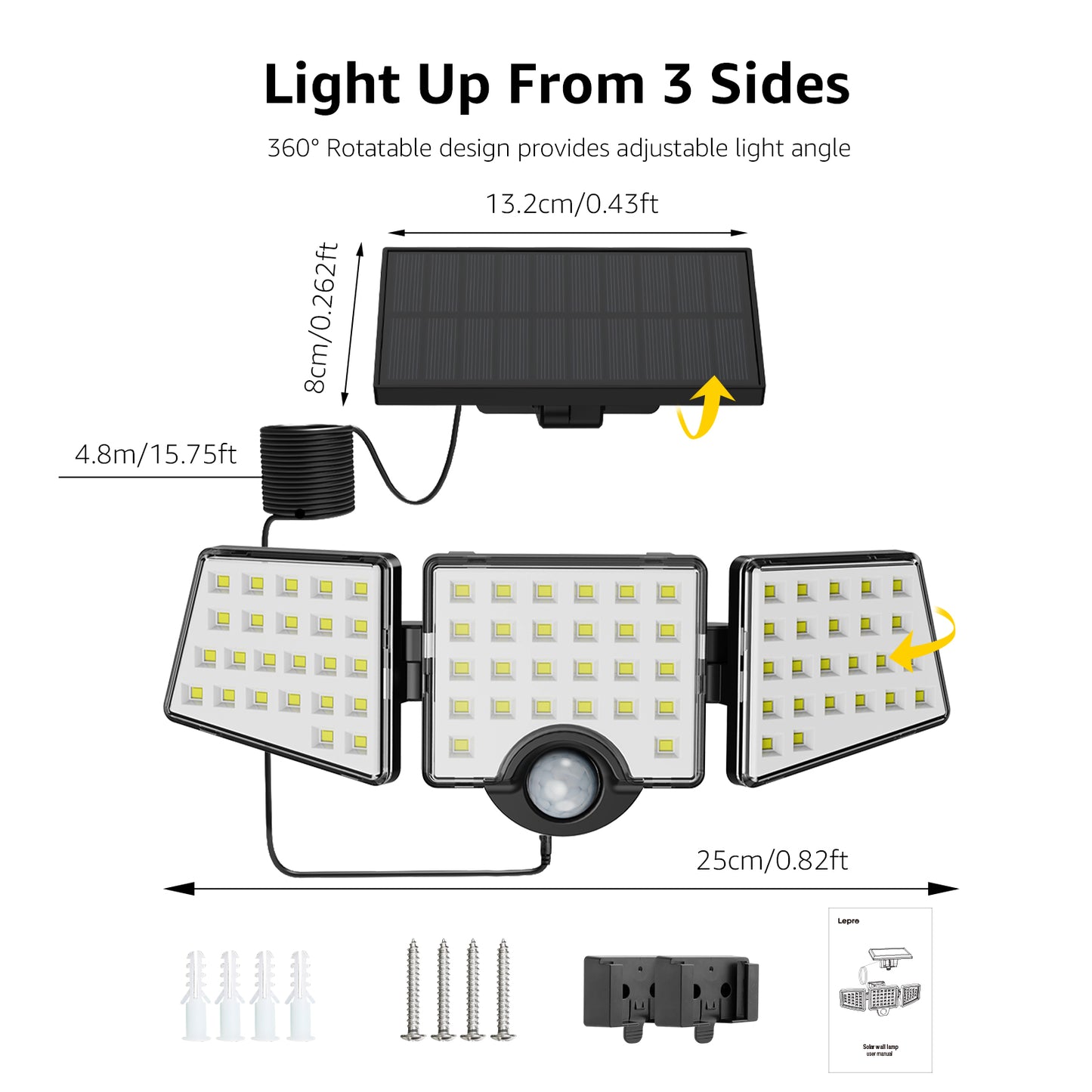 Lepro Solar Lights for Outside, WL5000 Motion Activated Security Lights, Separate Solar Panel, 3 Adjustable Head 270° Wide Lighting Angle, IP65 Waterproof Wall Lamp for Porch Yard Garage