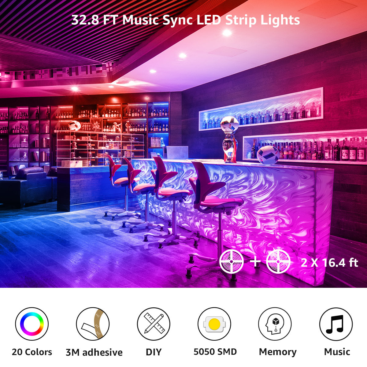 Lepro 49.2ft LED Lights for Bedroom,Sync to Music, 5050 SMD LEDs, RGB Color Changing + 6500K White LED Strips light with Remote, for Christmas Party Decor