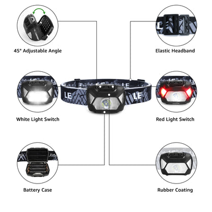 Lepro 2-Pack Battery-Powered Head lamp, 1300 Lux Super Bright with Adjustable Headband, 6 Modes including Red Light, IPX4 Waterproof Suitable for Camping and Outdoor Activities
