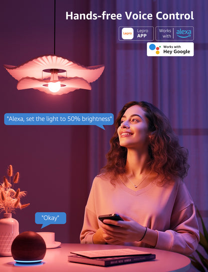 Lepro B2 AI LED Light Bulbs, RGBww Color Changing, 1100 Lumens, Voice Control, Music Sync, Wi-Fi and Bluetooth, Works with Alexa and Google