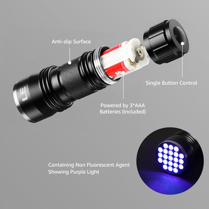Lepro UV Black Light Flashlight with Batteries , 21 LEDs UV Light Handheld Blacklight 395nm Detector for Pet Urine