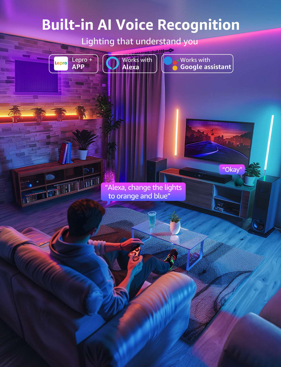 Lepro WL1 Smart Wall Light Bar, AI Lighting, Music Sync, Voice & App Control, Works with Alexa & Google, Modern Indoor Decor, 8 Pcs with Corners