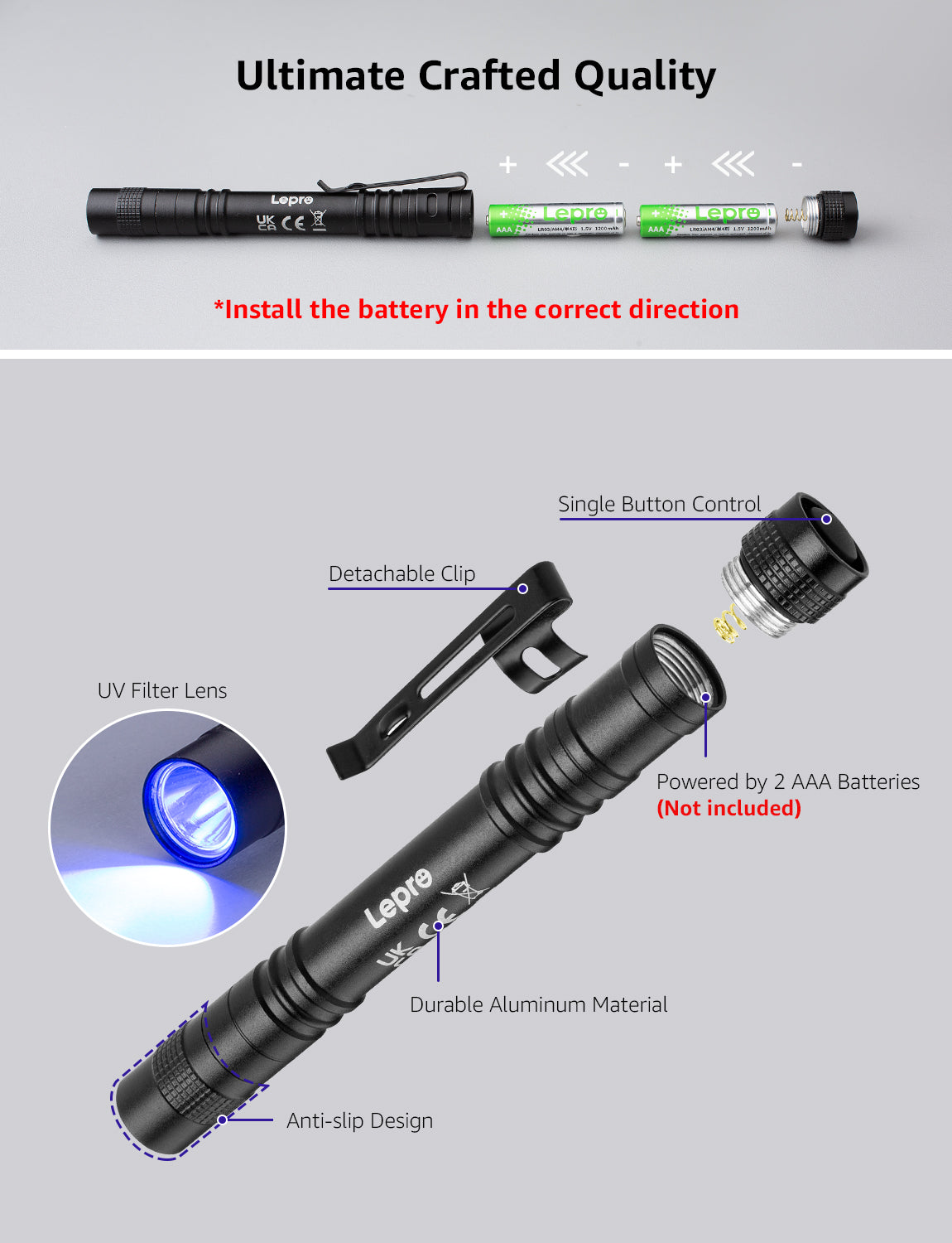 Lepro Small UV Flashlights with AAA Batteries , Portable Black Light Pet Urine Detectors with 365nm Wavelength Specialize in Detect Pet Dog Cat Urine Stain and more