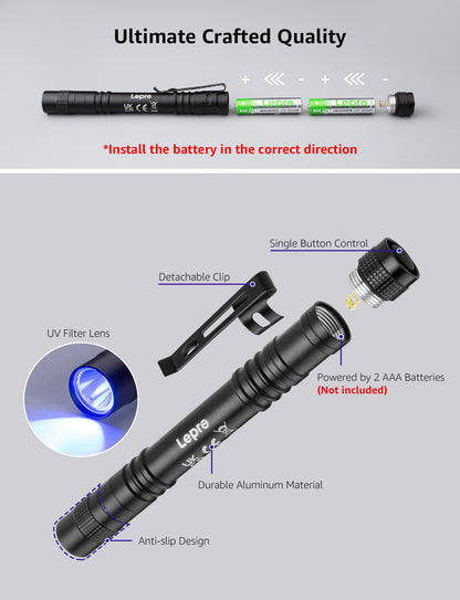 Lepro Small UV Flashlights with AAA Batteries , Portable Black Light Pet Urine Detectors with 365nm Wavelength Specialize in Detect Pet Dog Cat Urine Stain and more