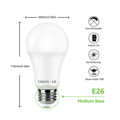 Lepro LED Light Bulb, 100W Equivalent, 14W 1500 Lumens, 2700~5000K Daylight White, Non-Dimmable A19 E26 Base, 15000 Hour 10 Year Lifetime,