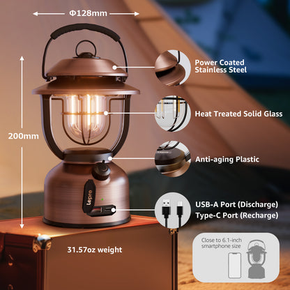 Lepro Retro Camping Lantern ,15000mAh Power Bank, 1000 Lumens, Dimmable, IPX4, w/ Type C Cable