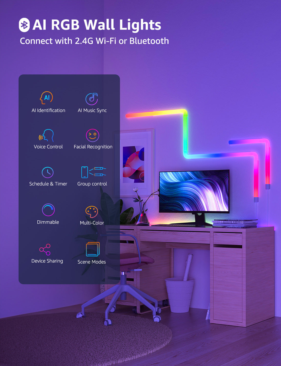 Lepro WL1 Smart Wall Light Bar, AI Lighting, Music Sync, Voice & App Control, Works with Alexa & Google, Modern Indoor Decor, 8 Pcs with Corners