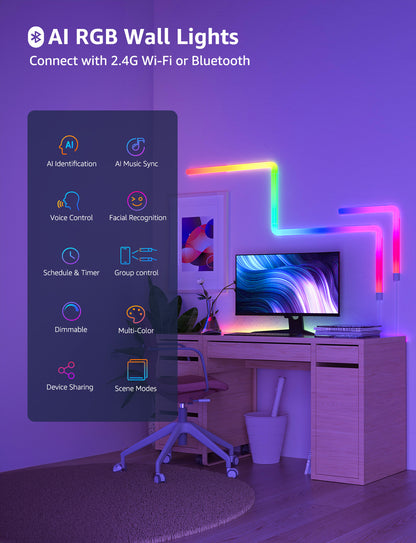 Lepro WL1 Smart Wall Light Bar, AI Lighting, Music Sync, Voice & App Control, Works with Alexa & Google, Modern Indoor Decor, 8 Pcs with Corners