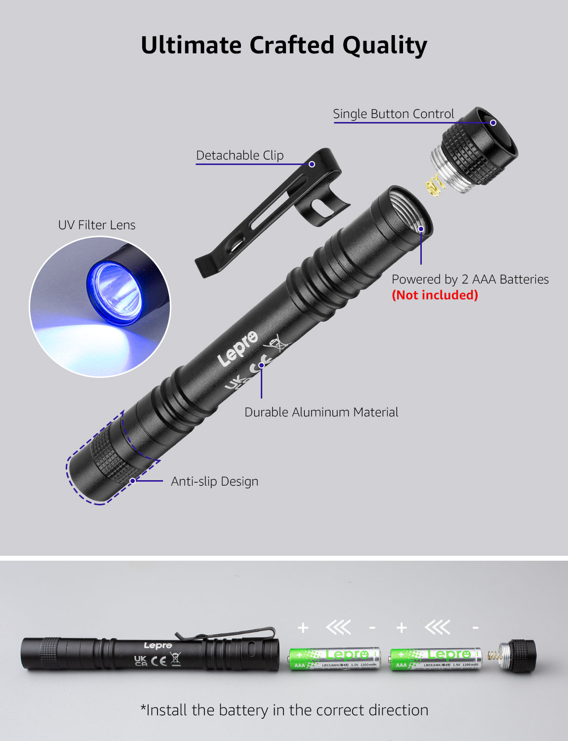 Lepro Small UV Flashlights with AAA Batteries , Portable Black Light Pet Urine Detectors with 365nm Wavelength Specialize in Detect Pet Dog Cat Urine Stain and more
