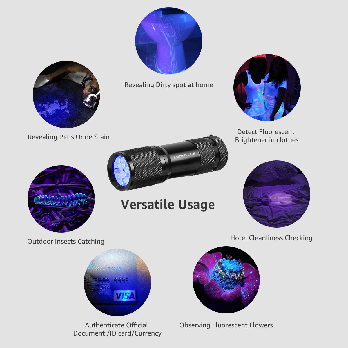 Lepro Small UV Flashlights with AAA Batteries , Portable Black Light Pet Urine Detectors with 9 LEDs 395nm Wavelength Specialize in Detect Pet Dog Cat Urine Stain and more