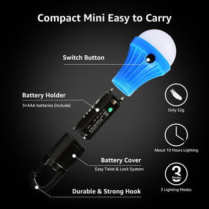 Lepro 4-Pack LED Camping Lanterns, Camping Accessories, 3 Lighting Modes, Batteries Included Hanging Tent Light Bulbs with Clip Hook for Camping, Hiking, Hurricane, Outages, Collapsible