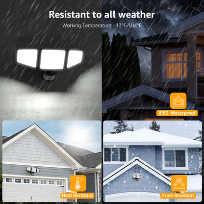 Lepro LED Motion Sensor Flood Lights for Outside Enhanced Home Security, 3 Adjustable Heads 270° Wide Lighting Angle, 27W 3200LM Super Bright for Yard Porch Garage