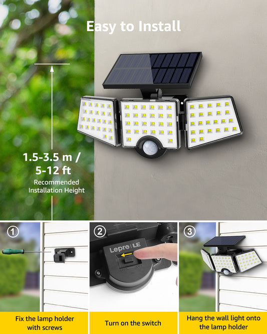 Lepro 2-Packs Solar Flood Lights for Outside, 6500K Outdoor Motion Activated Security Lights , IP65 Waterproof , 3 Adjustable Heads 270° Wide Lighting Angle for Front Door, Backyard, Patio, Garden