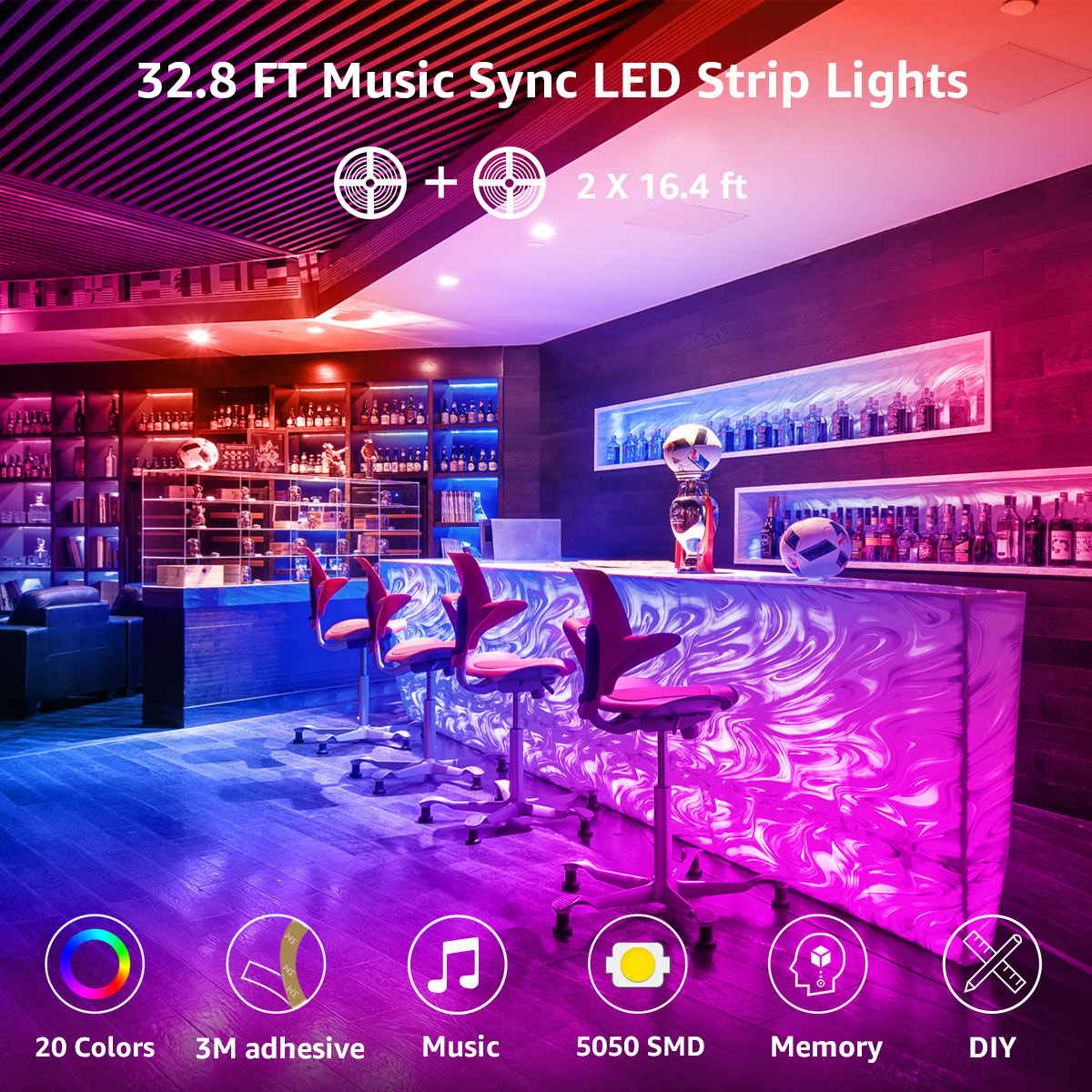 Lepro 49.2ft LED Lights for Bedroom,Sync to Music, 5050 SMD LEDs, RGB Color Changing + 6500K White LED Strips light with Remote, for Christmas Party Decor