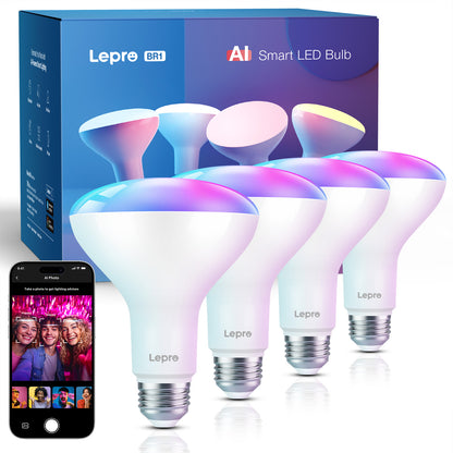 Lepro BR1 Smart Light Bulbs 4pack, AI Generated Lighting, Work with Alexa, Google Assistant, Music Sync, RGBWW Colour Changing Light Bulb, Flood Light Bulbs, WiFi & Bluetooth Via Lepro+ App